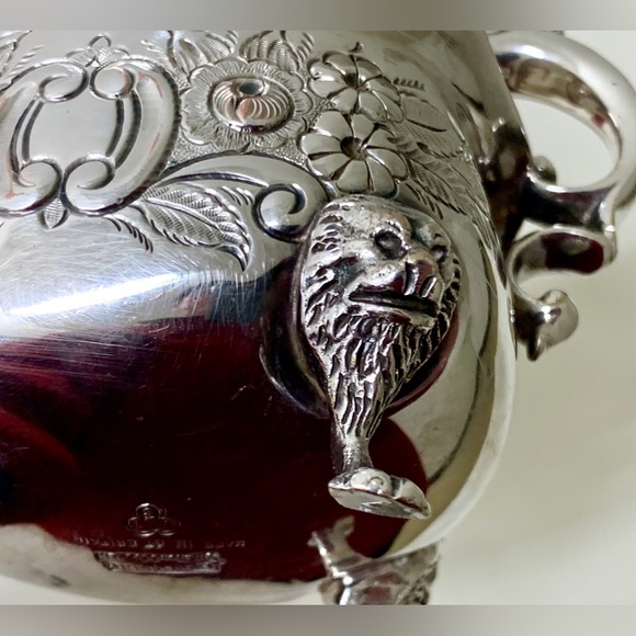 Early 20th Century Vtg Ornate Lion Head Silver Plated Copper Footed Gravy Boat - Picture 15 of 16